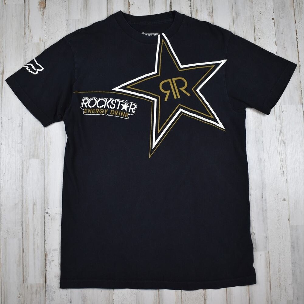 Fox Racing x Rockstar Shirt Mens Medium Black Gold Y2K Motocross Streetwear Tee